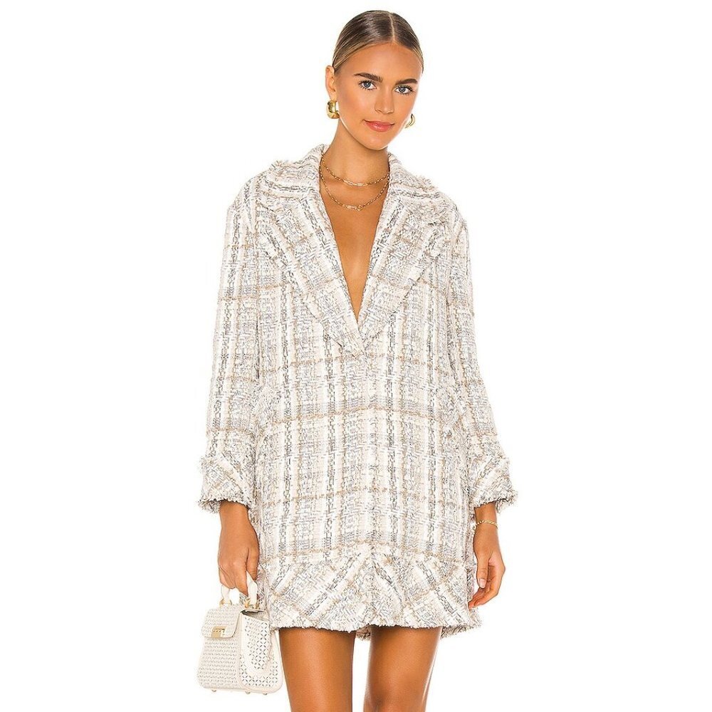 Alice + Olivia Stefan Tweed W/Frayed Hem Short Notch Collar In Neutrals Coat Xs